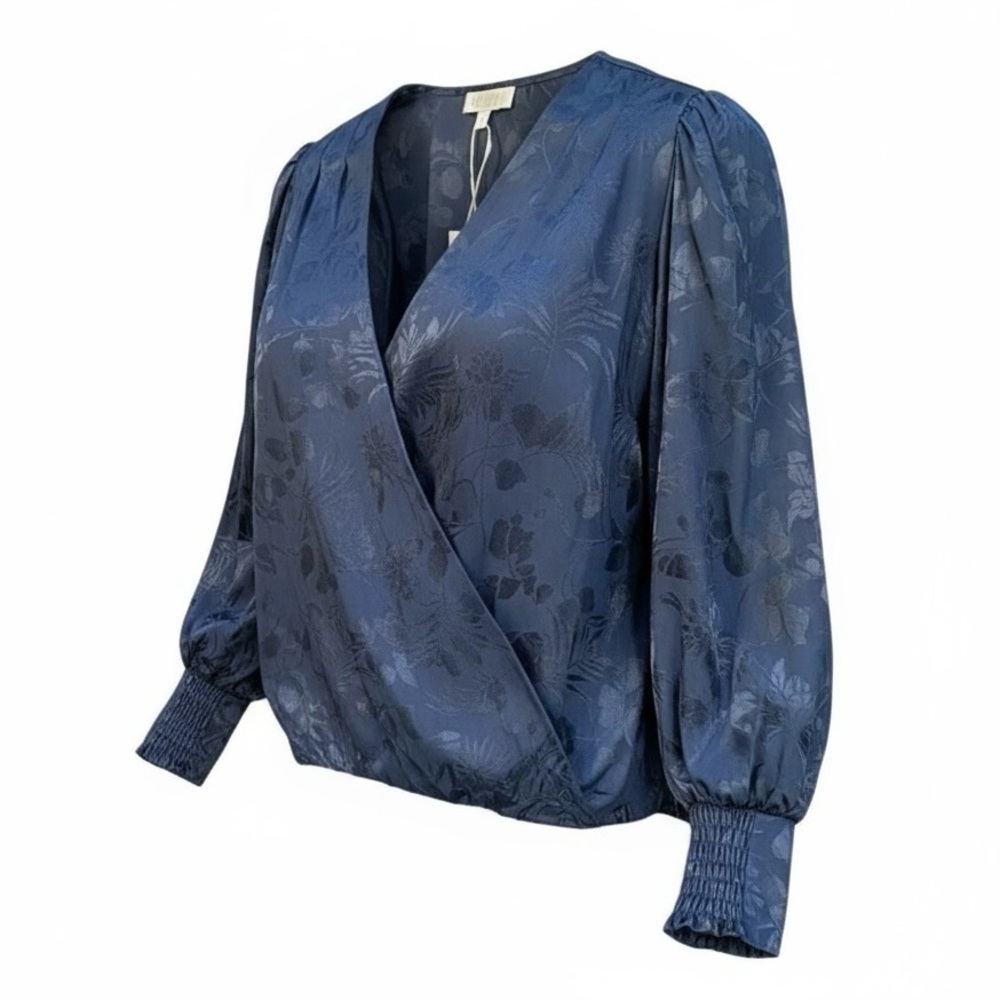 Status By Chenault Women's Navy Blue Floral Crossover Long-Sleeve Blouse Size M